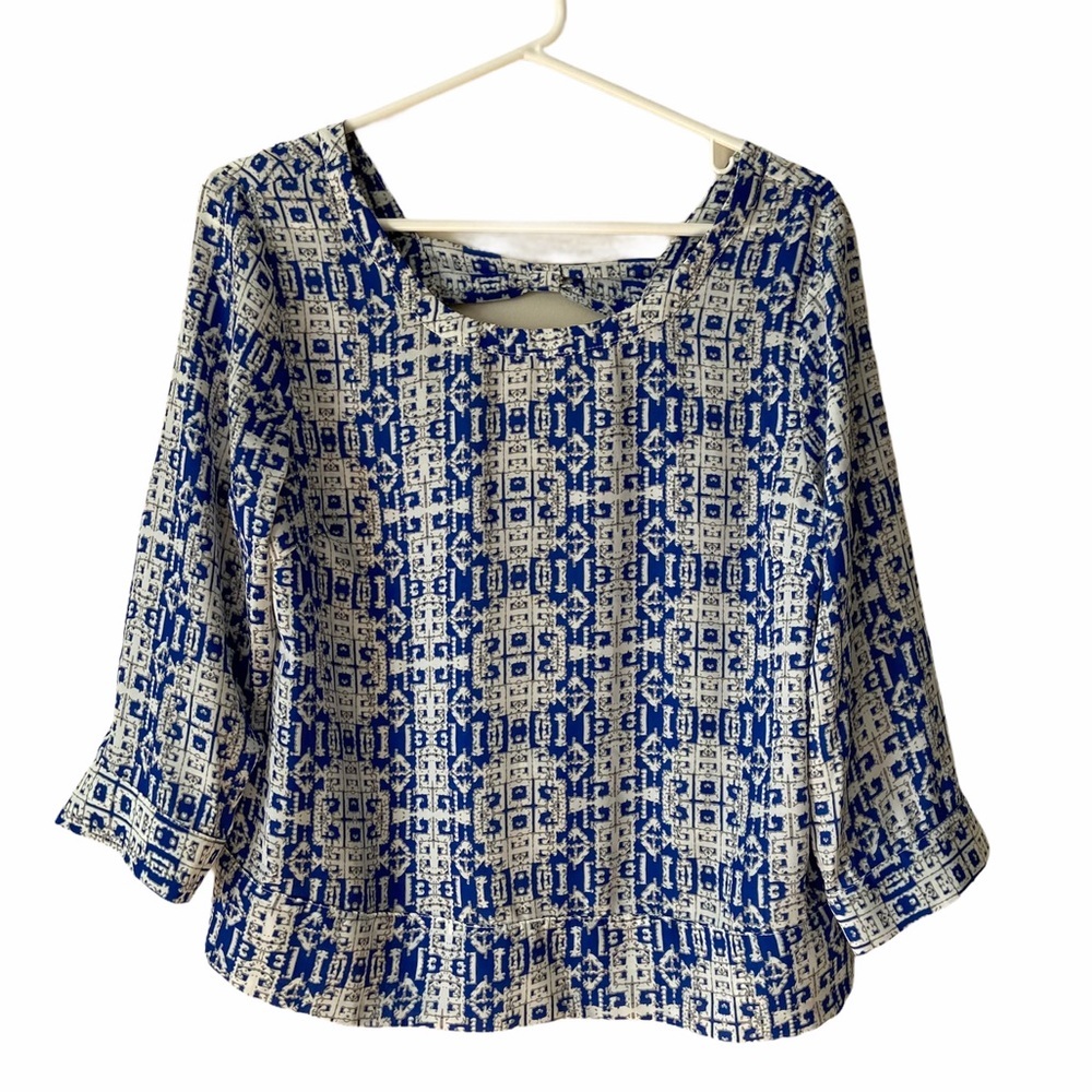 Blue White Bow Back Cutout Blouse Medium
